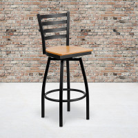 Flash Furniture HERCULES Series Black Ladder Back Swivel Metal Bar Stool - Natural Wood Seat XU-6F8B-LADSWVL-NATW-GG